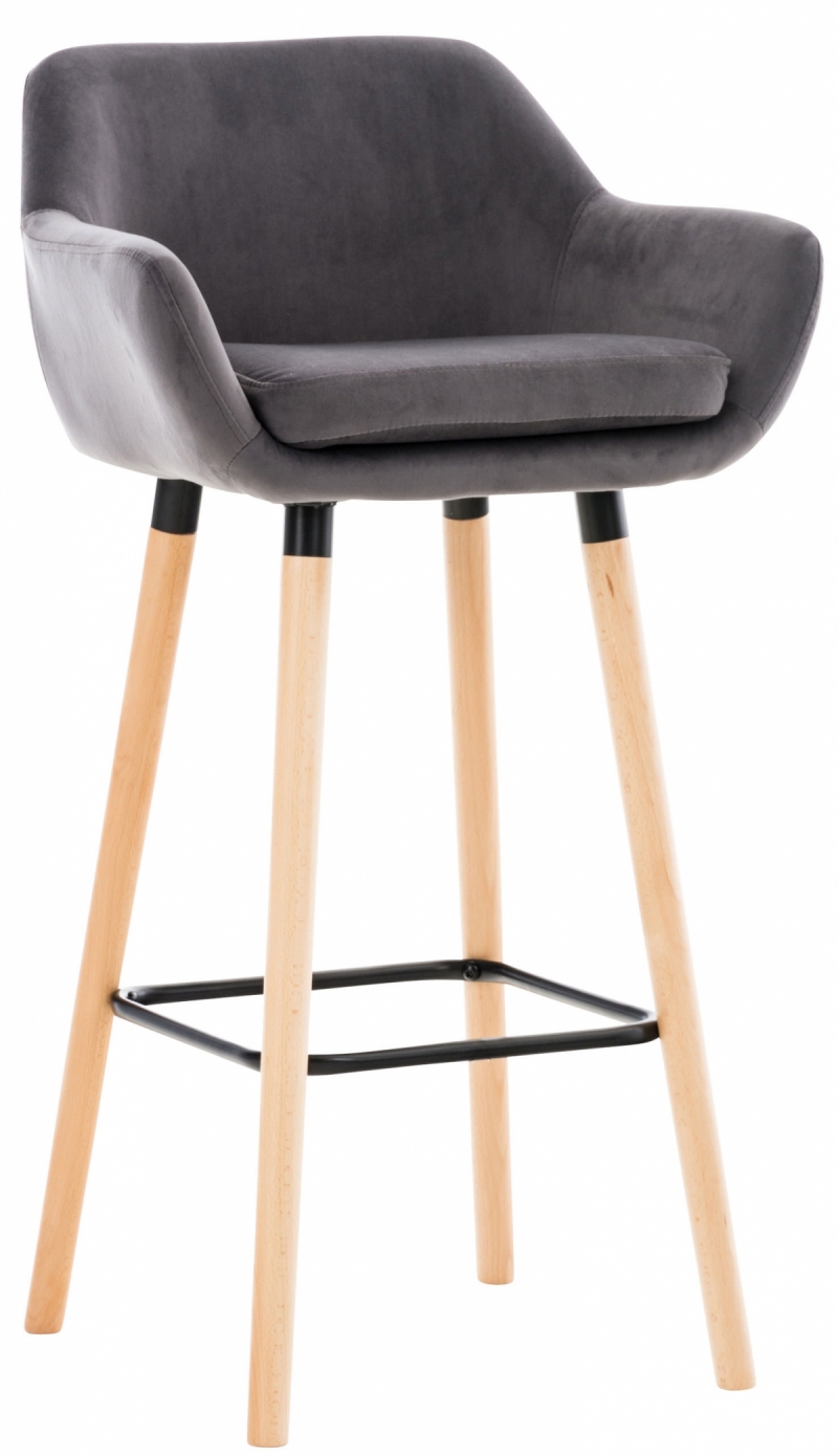 Barová stolička Grant ~ zamat, drevené nohy natura - Sivá