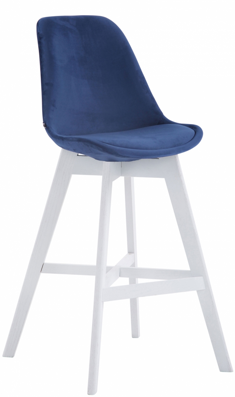 Barová stolička Cannes ~ zamat, drevené nohy biele - Modrá
