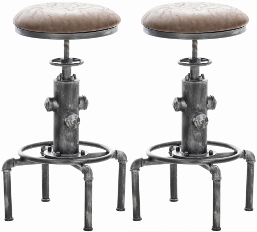 Kovová barová stolička Lumo Vintage industriálna (SET 2 ks) - Antik strieborná / hnedý sedák